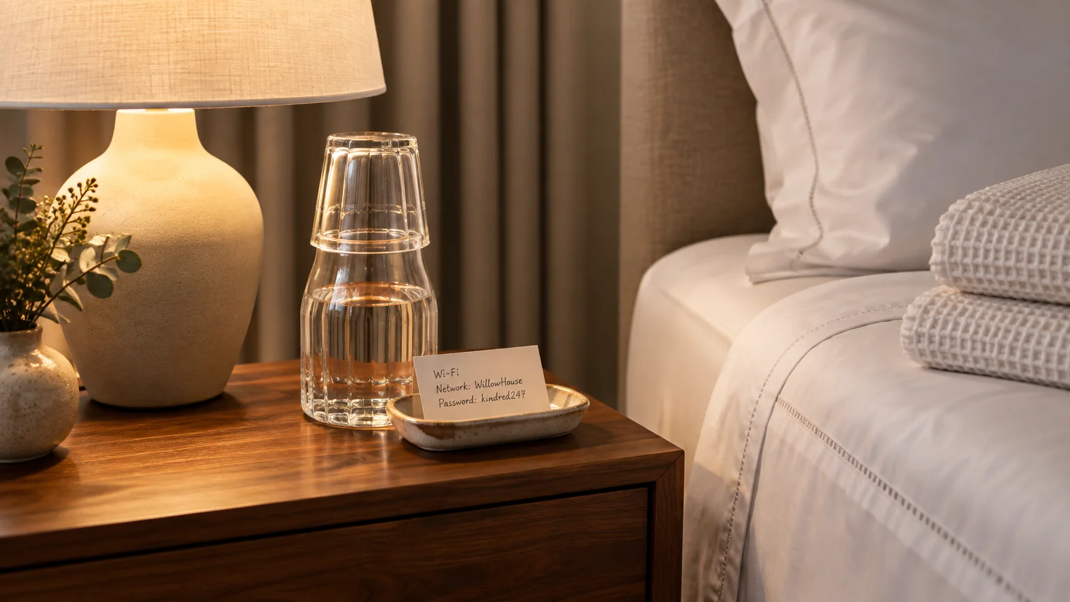 Nightstand with lamp, water carafe, and Wi-Fi card next to a bed with white sheets and folded waffle towels.