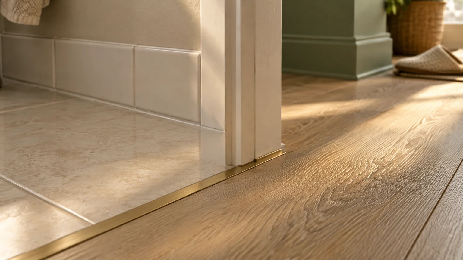 Brass transition strip set between beige bathroom floor tiles and natural wood-look laminate flooring in a doorway.