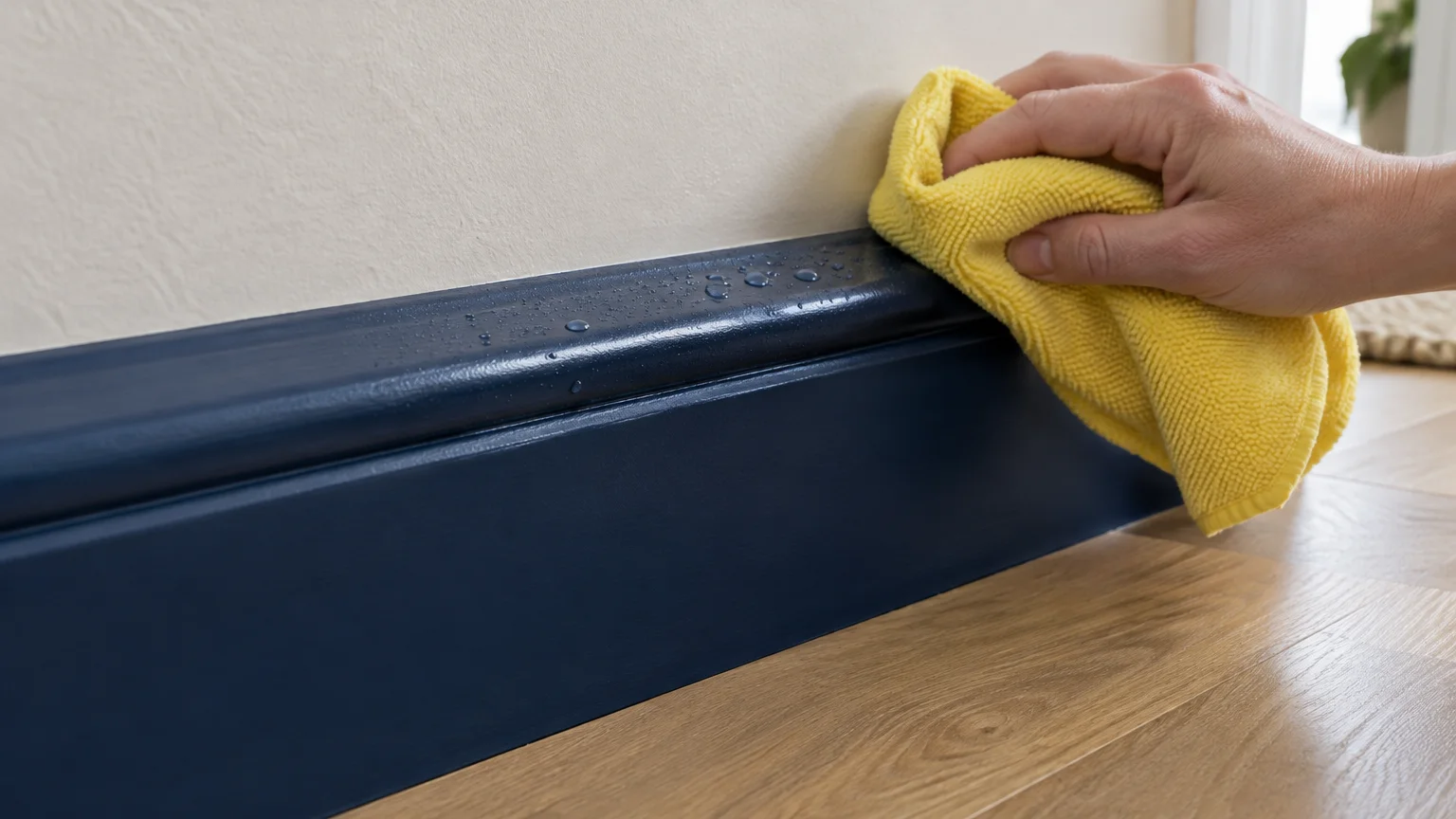 A hand wiping water droplets off a painted dark blue baseboard with a yellow microfiber cloth along a wooden floor.