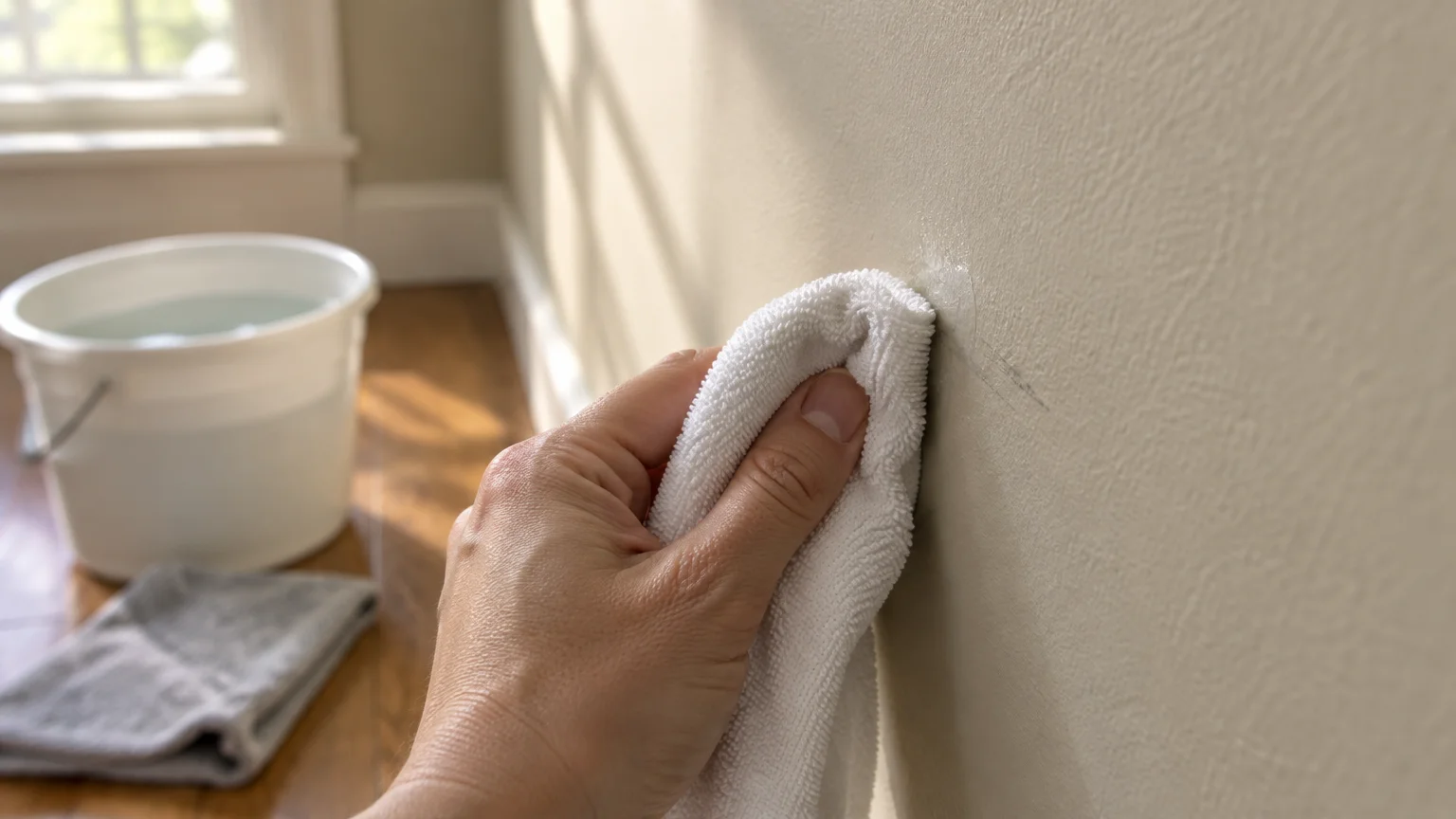 A hand wiping a scuff mark off a beige wall with a white microfiber cloth, near a bucket of water on the floor.