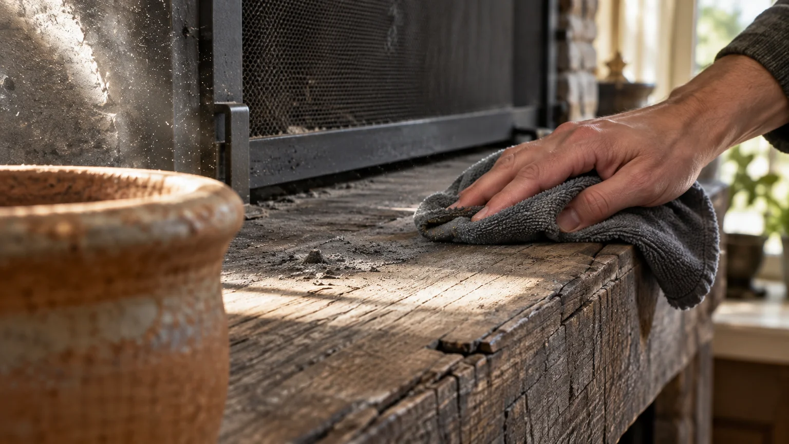 A person's hand wiping a dusty wooden mantel shelf near a fireplace screen using a grey cloth.