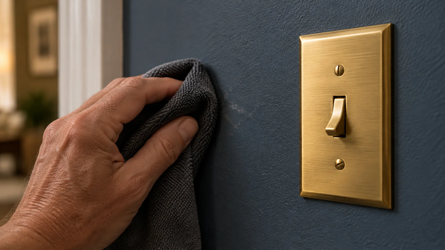 Hand wiping a dark blue painted wall with a gray microfiber cloth next to a brushed gold light switch plate.
