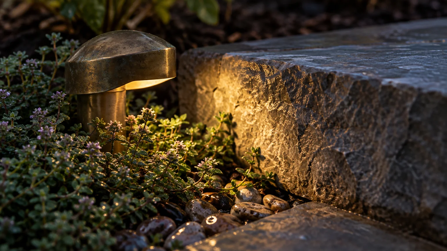 Low brass pathway light illuminating creeping thyme groundcover and rough-hewn stone steps at night.