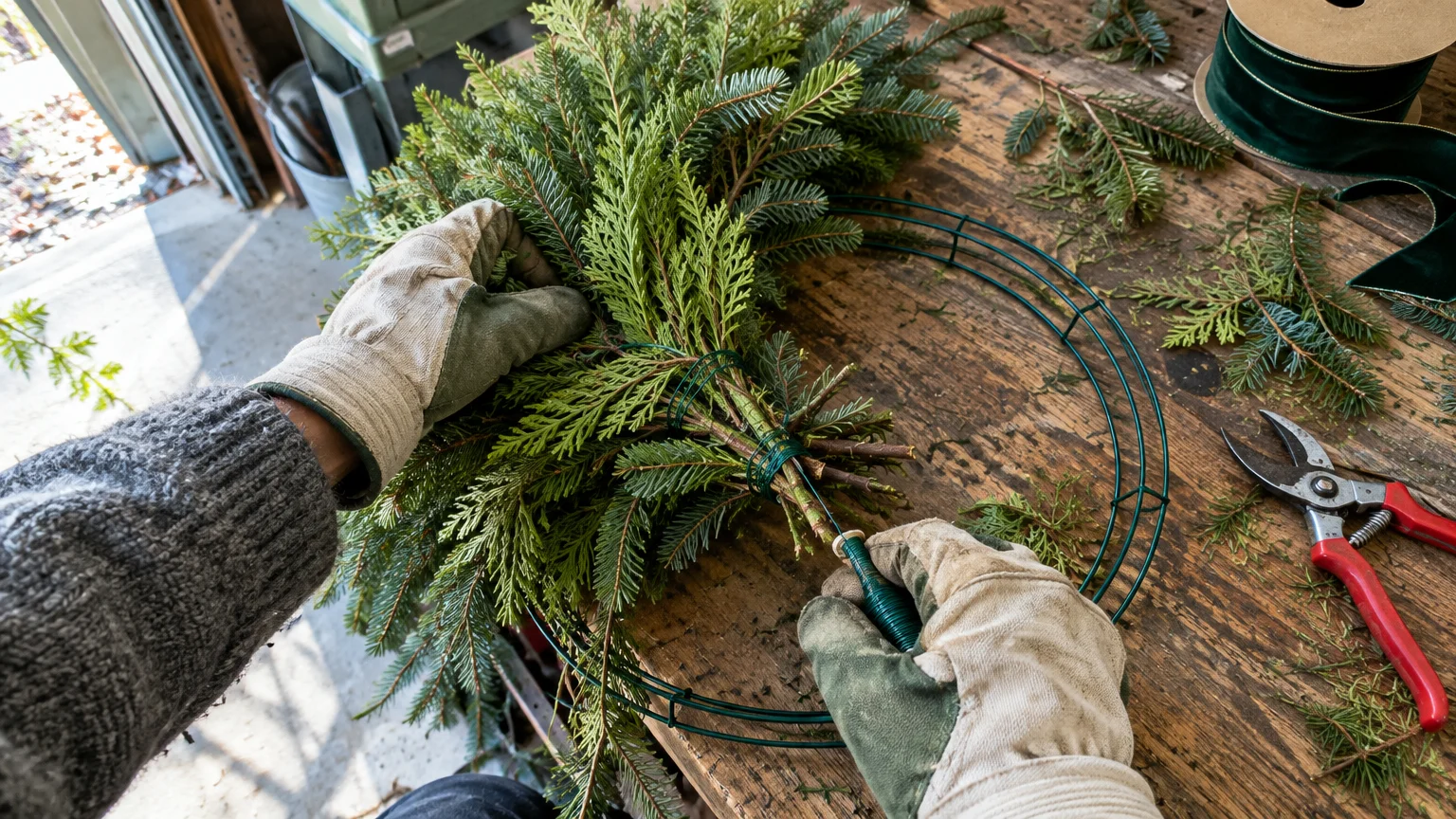 Gloved hands securing evergreen branches to a metal wire wreath frame using green paddle wire on a wooden workbench.