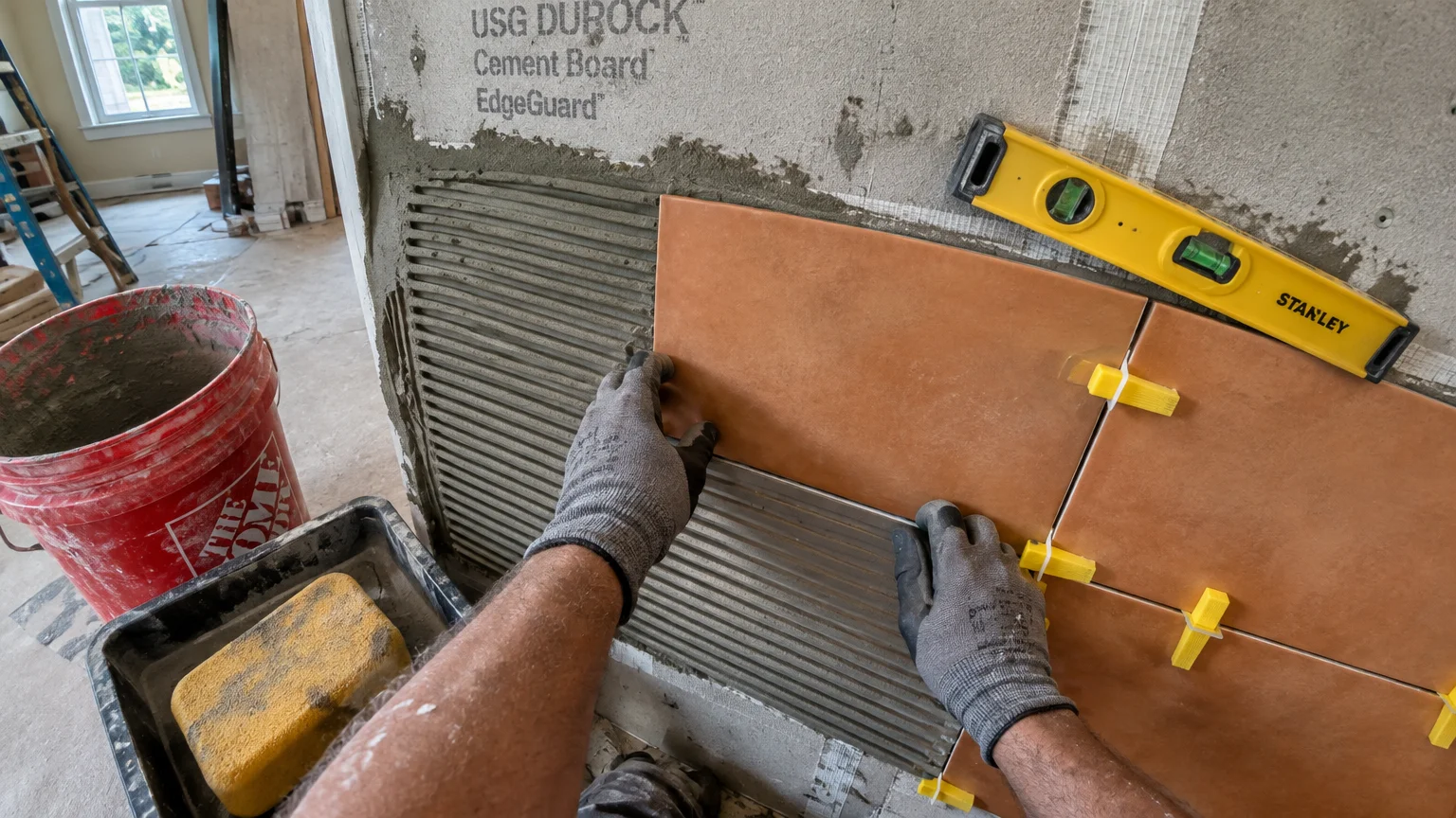 Gloved hands installing terracotta-colored wall tiles over combed mortar using yellow leveling spacers and a spirit level.