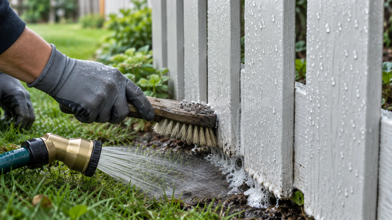 A gloved hand scrubs the base of a white picket fence with a bristle brush while spraying it with a garden hose.