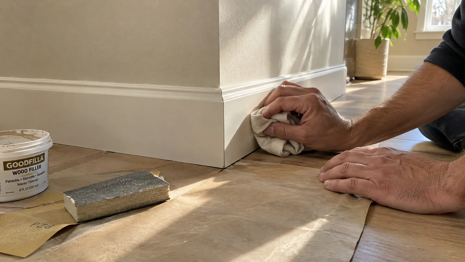 A person wipes down white baseboard molding beside a sanding block and a tub of wood filler on paper.