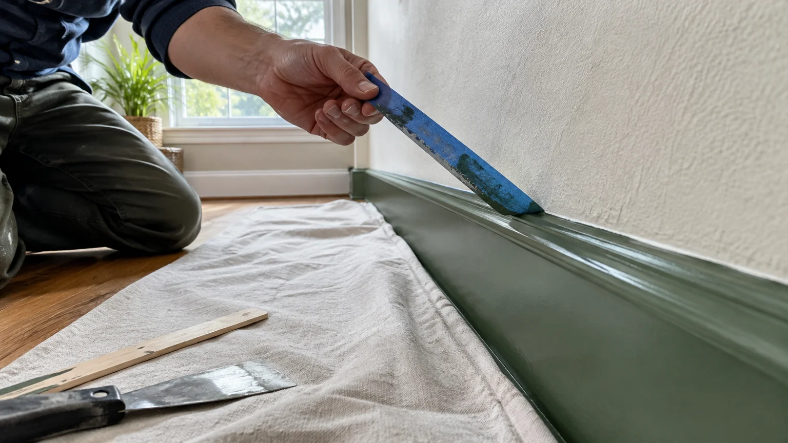 A person peeling blue painter's tape from freshly painted dark green baseboard trim above a canvas drop cloth.