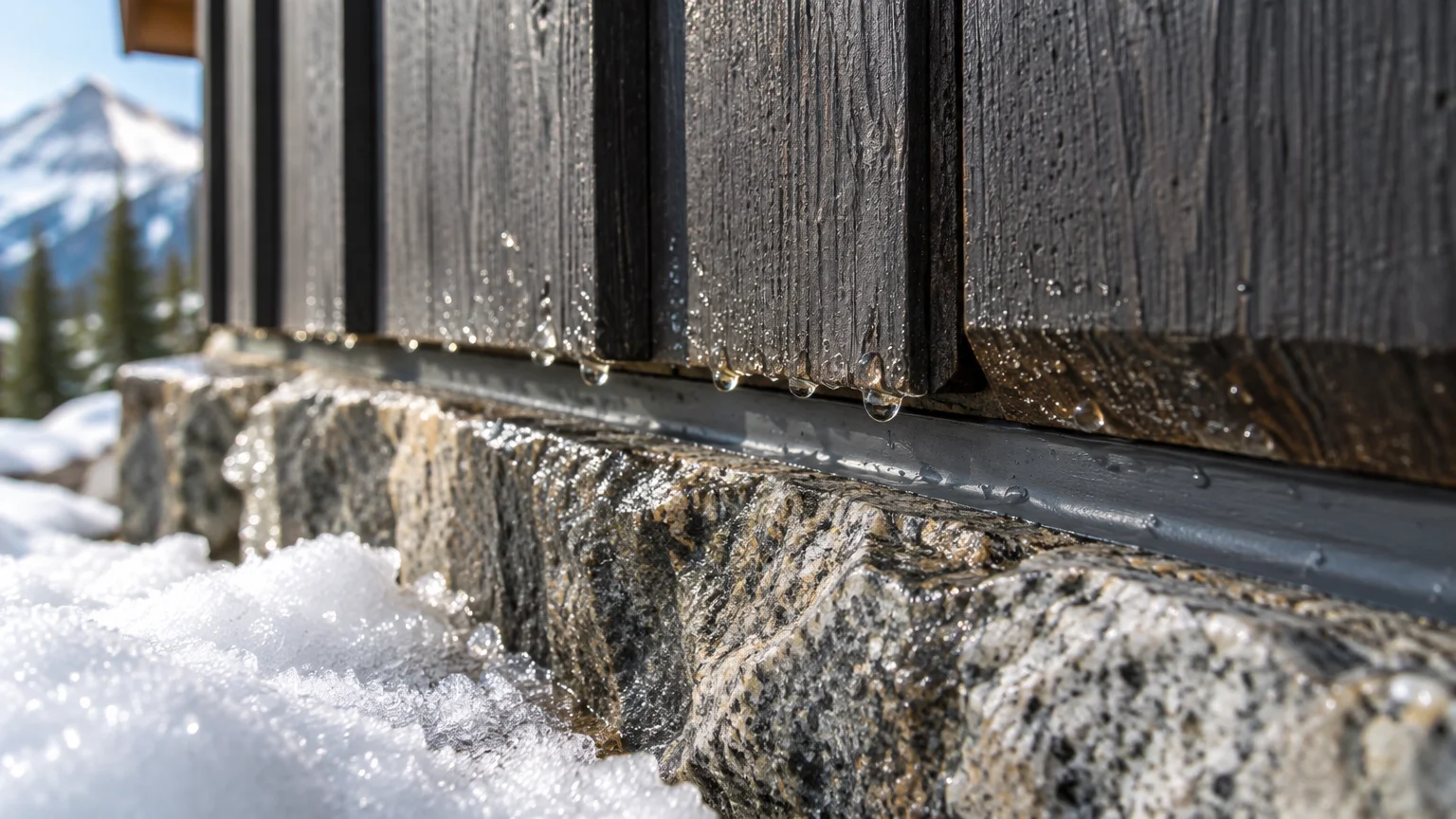 Water droplets melt from dark vertical wood siding onto a stone foundation rimmed with snow outdoors.