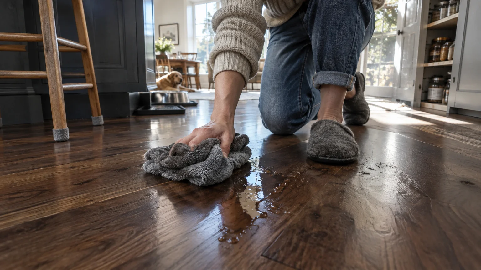 A person kneeling on a dark wood floor wiping up a puddle of spilled water with a grey microfiber cloth.