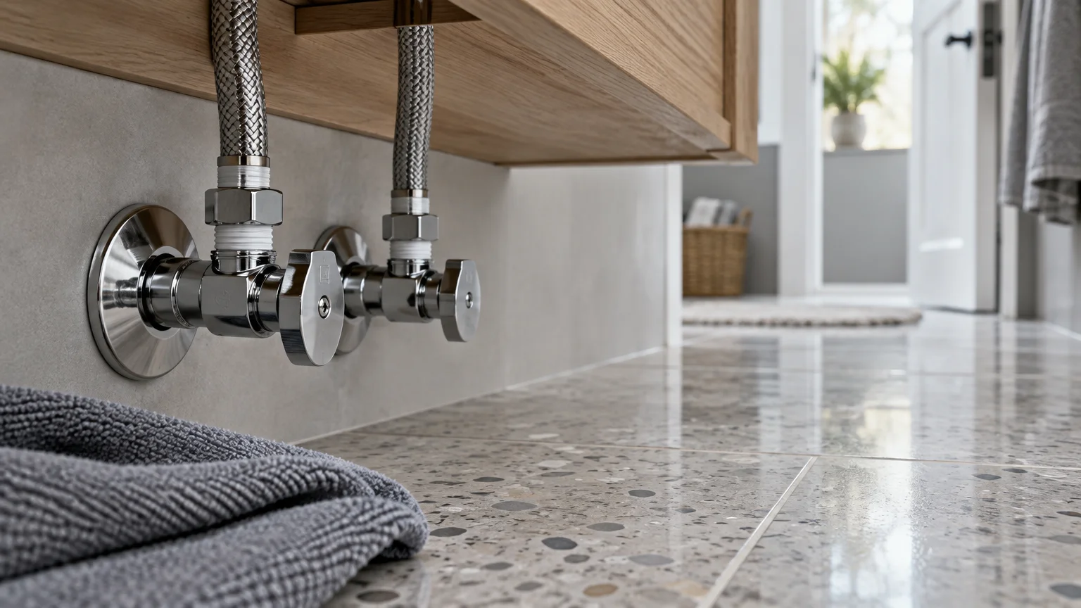 Low-angle close-up of two chrome water shutoff valves with braided hoses beneath a wooden vanity on terrazzo tile.