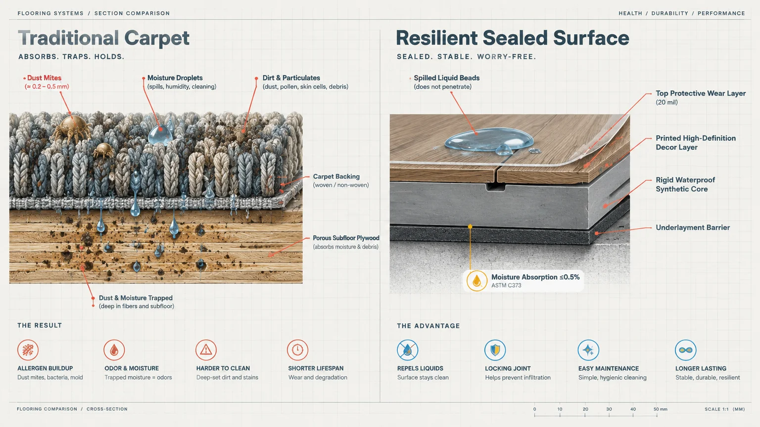 Cross-section diagram comparing traditional carpet trapping moisture and dust mites versus a resilient sealed surface.