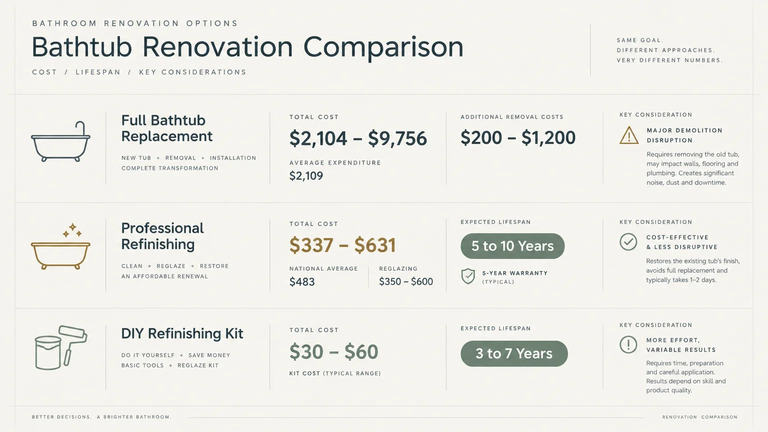 Bathtub renovation comparison chart listing costs, lifespans, and considerations for replacement, refinishing, and DIY kits.