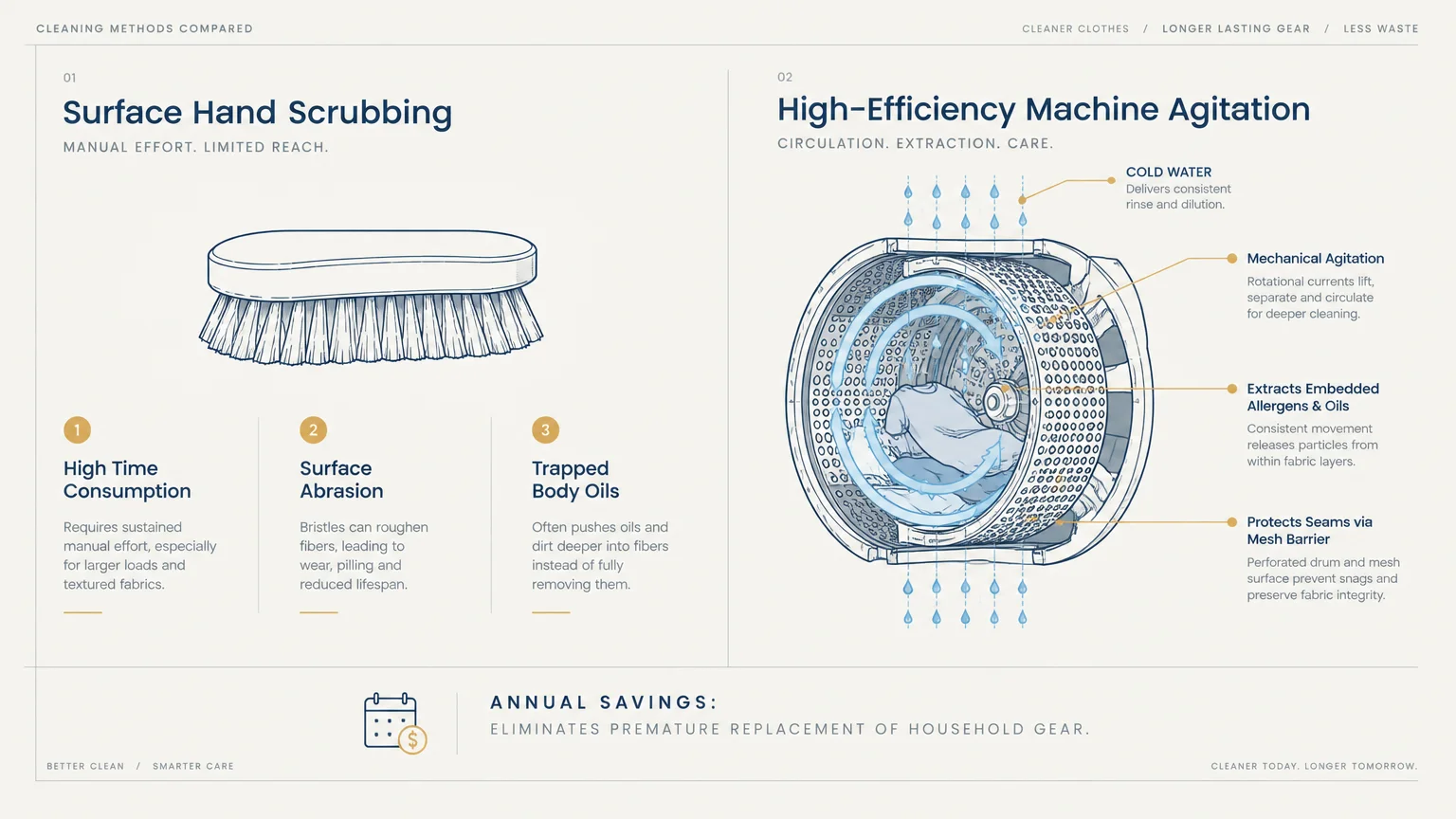 Diagram comparing surface hand scrubbing using a bristle brush against high-efficiency machine drum agitation with cold water.