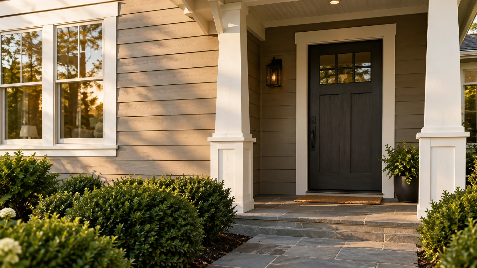 Front porch of a home featuring beige horizontal siding, white trim columns, a dark front door, and stone steps.