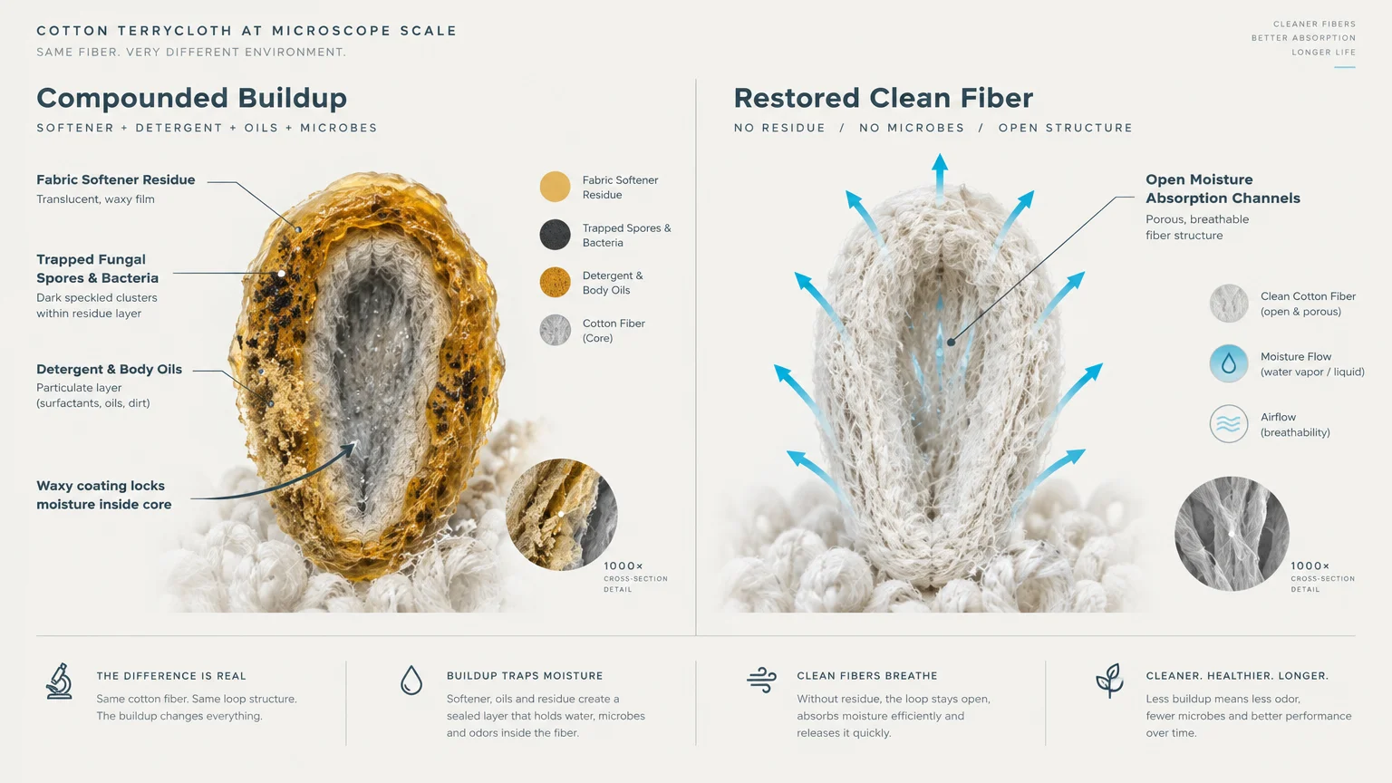 Diagram comparing a cotton fiber coated in waxy residue and bacteria alongside an open, clean cotton fiber loop.
