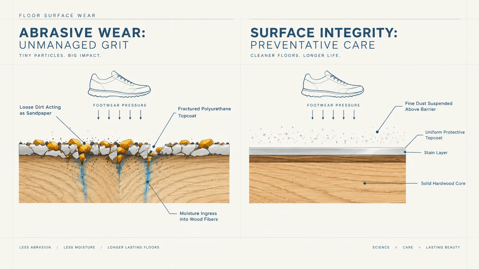Diagram comparing abrasive wear from unmanaged grit damaging wood floors versus preventative care preserving surface layers.
