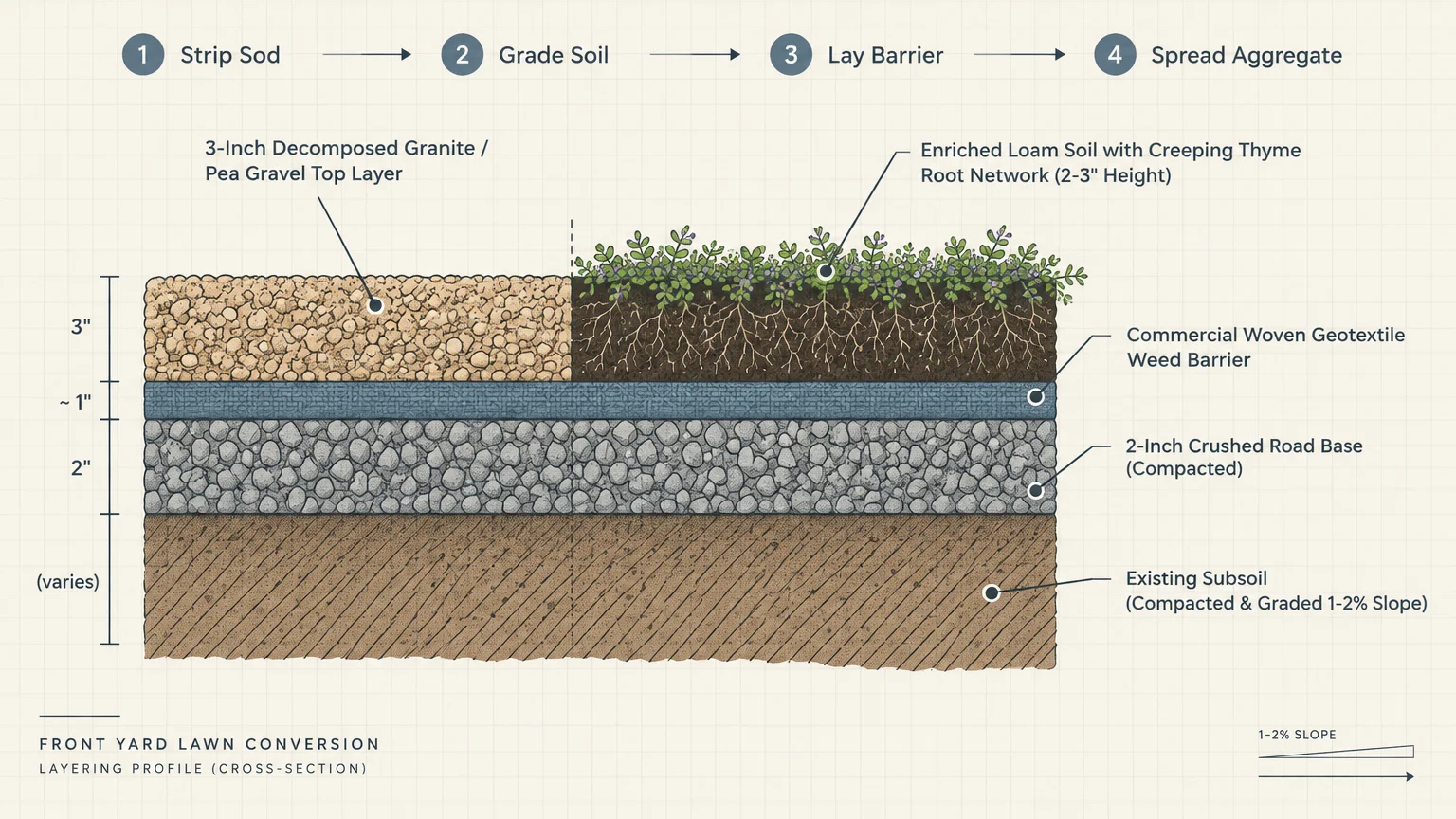Diagram showing cross-section layers for lawn conversion with gravel and creeping thyme over geotextile and road base.