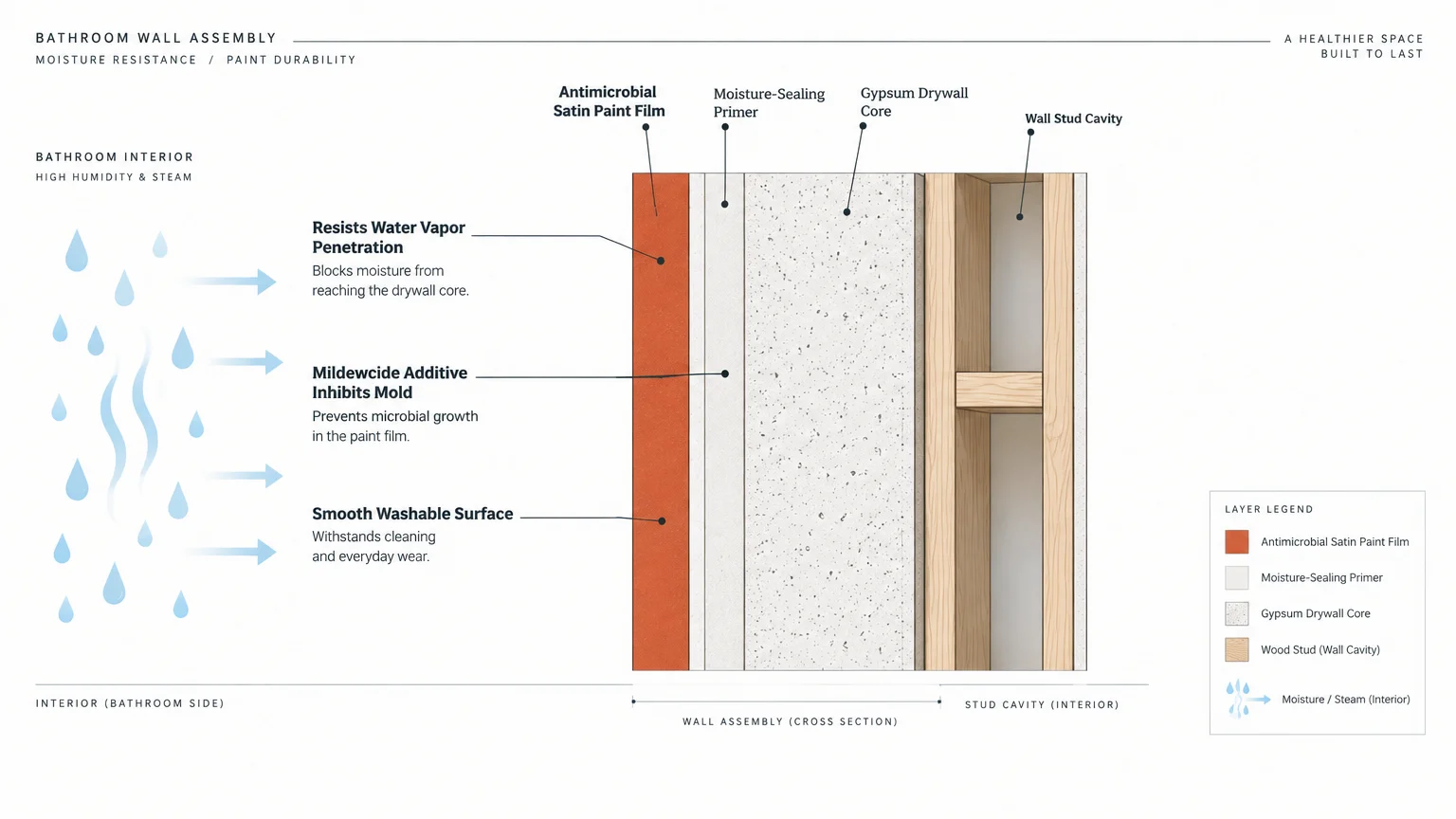 Diagram of a bathroom wall assembly cross-section showing paint film, primer, gypsum drywall core, and wall stud cavity.