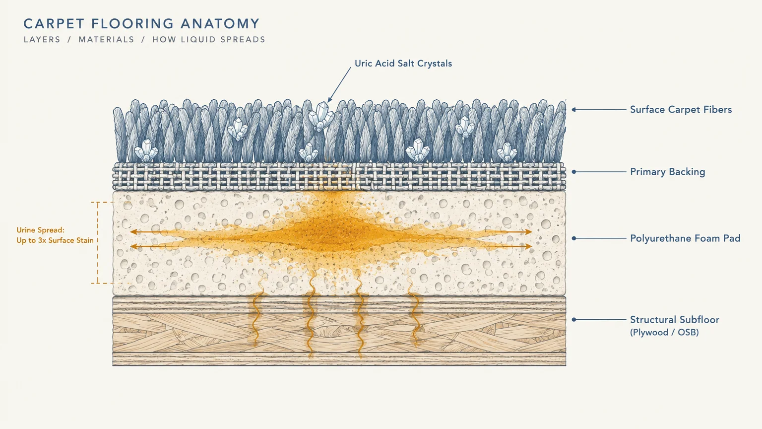 Cross-section diagram of carpet anatomy showing urine spreading wide through the foam pad down to the subfloor.