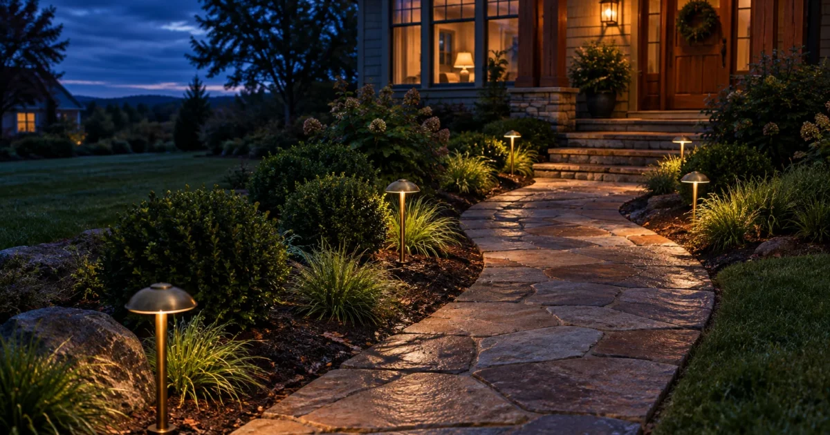 Low-voltage mushroom path lights illuminating a stone paver walkway leading to stone steps and a front door at dusk.