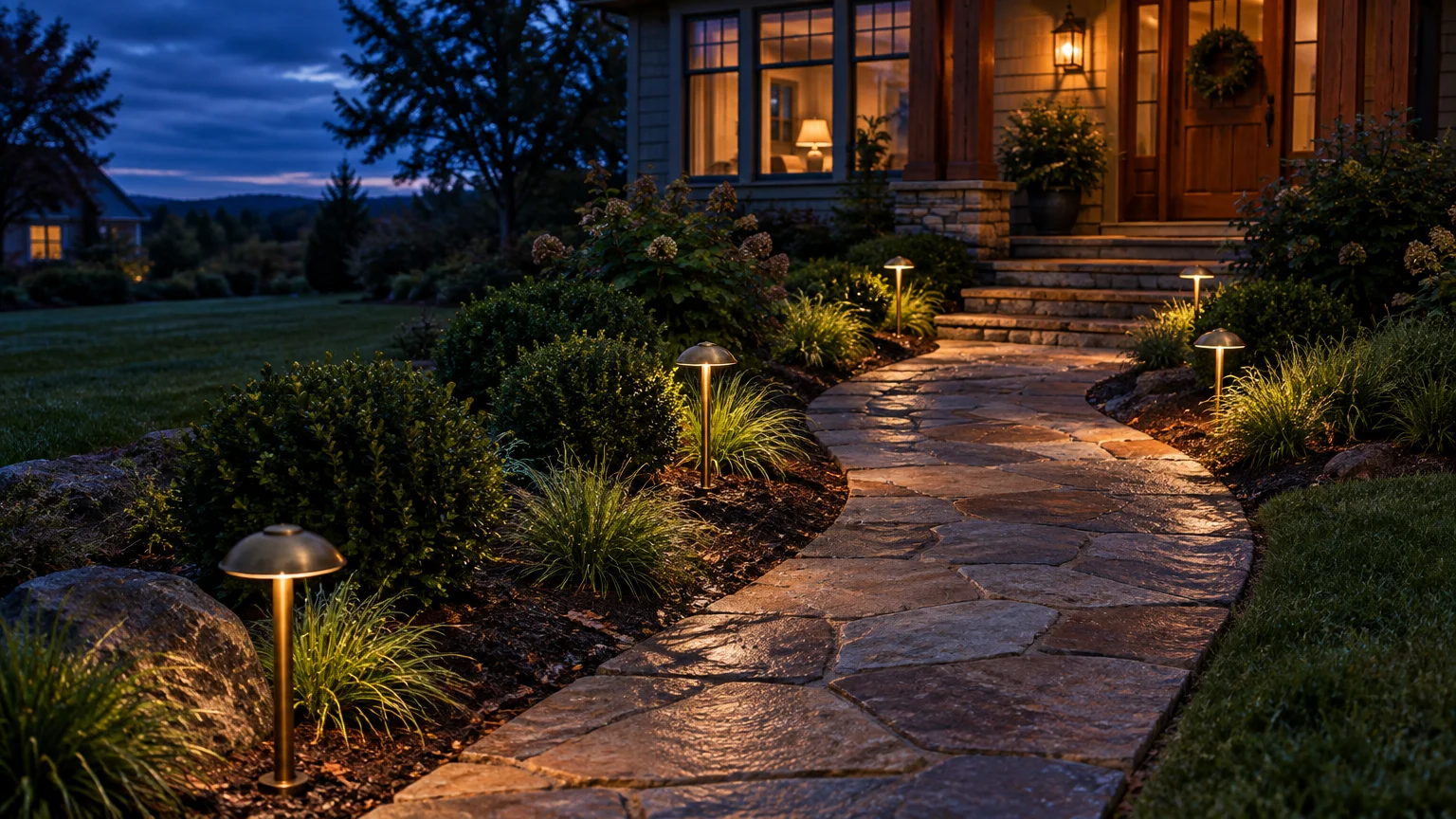 Low-voltage mushroom path lights illuminating a stone paver walkway leading to stone steps and a front door at dusk.
