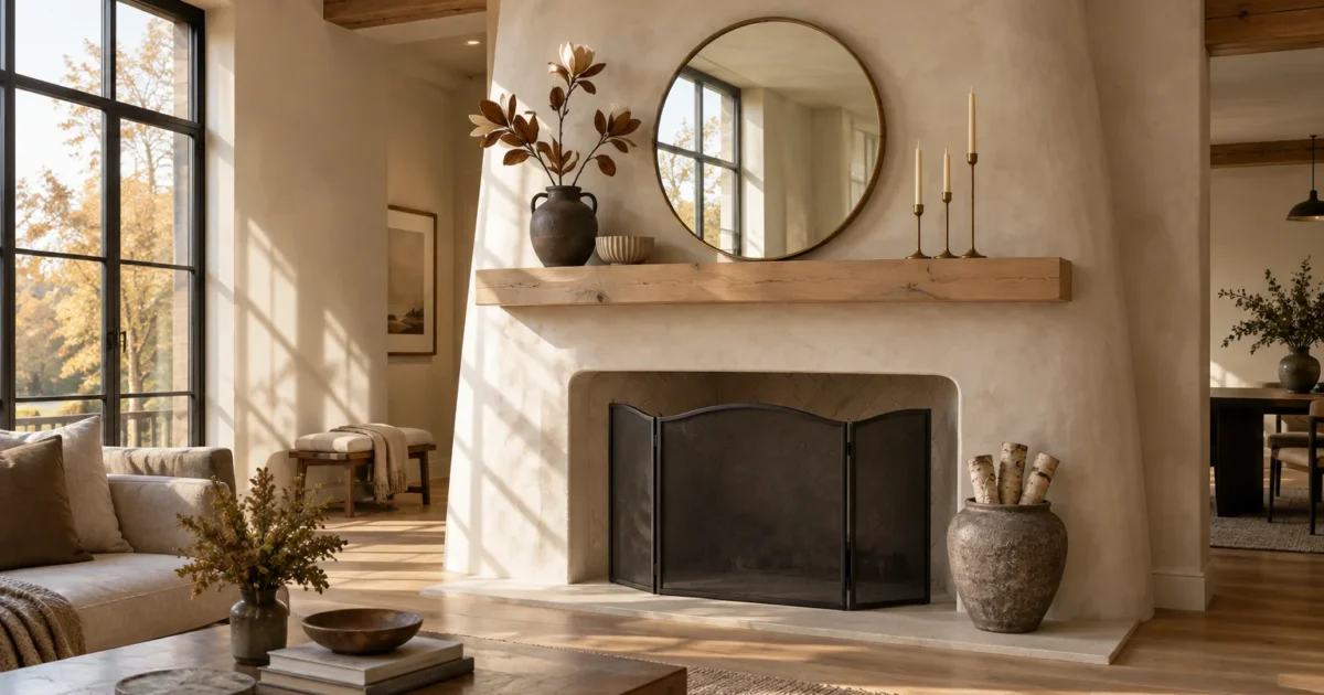 Plaster fireplace with a light wood mantel holding a round mirror, candleholders, and a vase with branches.