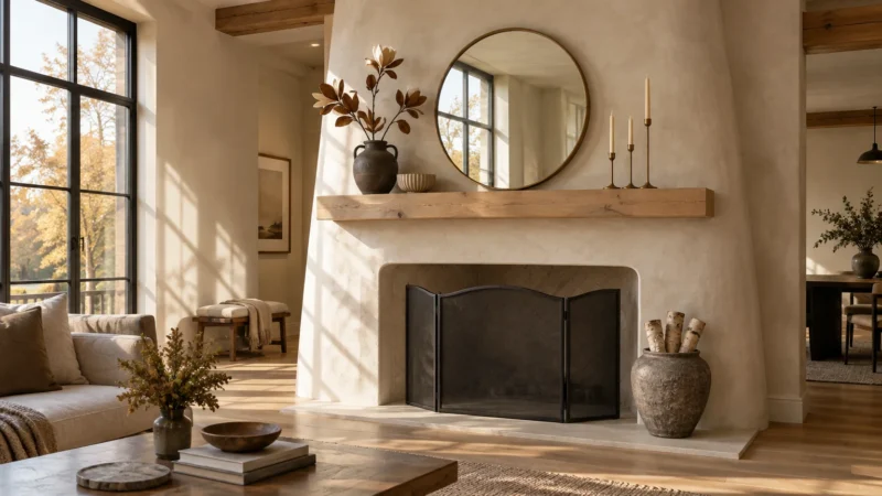 Plaster fireplace with a light wood mantel holding a round mirror, candleholders, and a vase with branches.