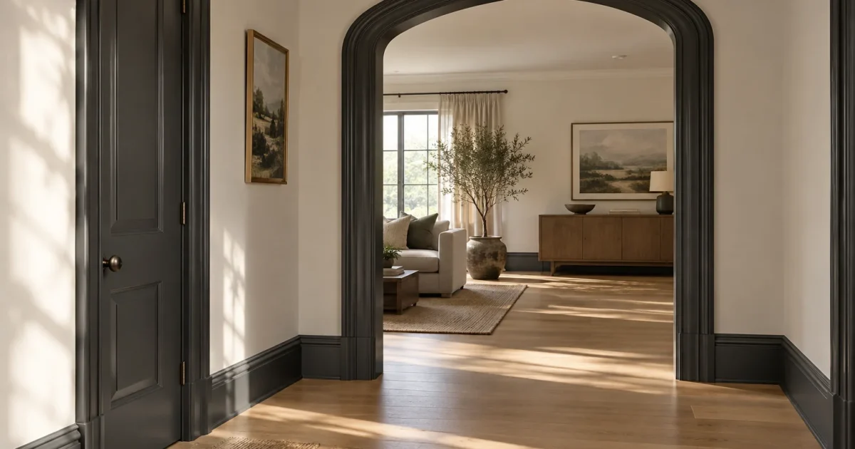 Dark charcoal painted arched doorway, door, and baseboards framing a sunlit living room with hardwood floors.