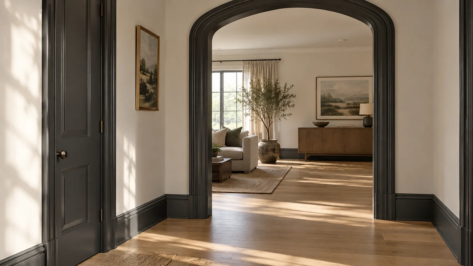 Dark charcoal painted arched doorway, door, and baseboards framing a sunlit living room with hardwood floors.