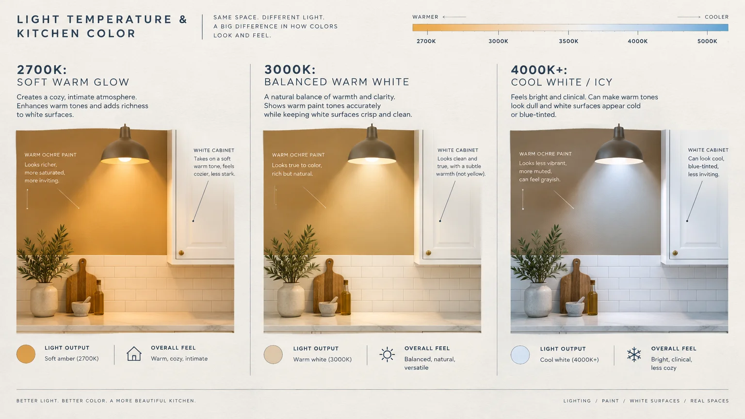 Diagram comparing warm ochre paint and white cabinets under 2700K soft warm, 3000K balanced warm white, and 4000K+ cool lighting.