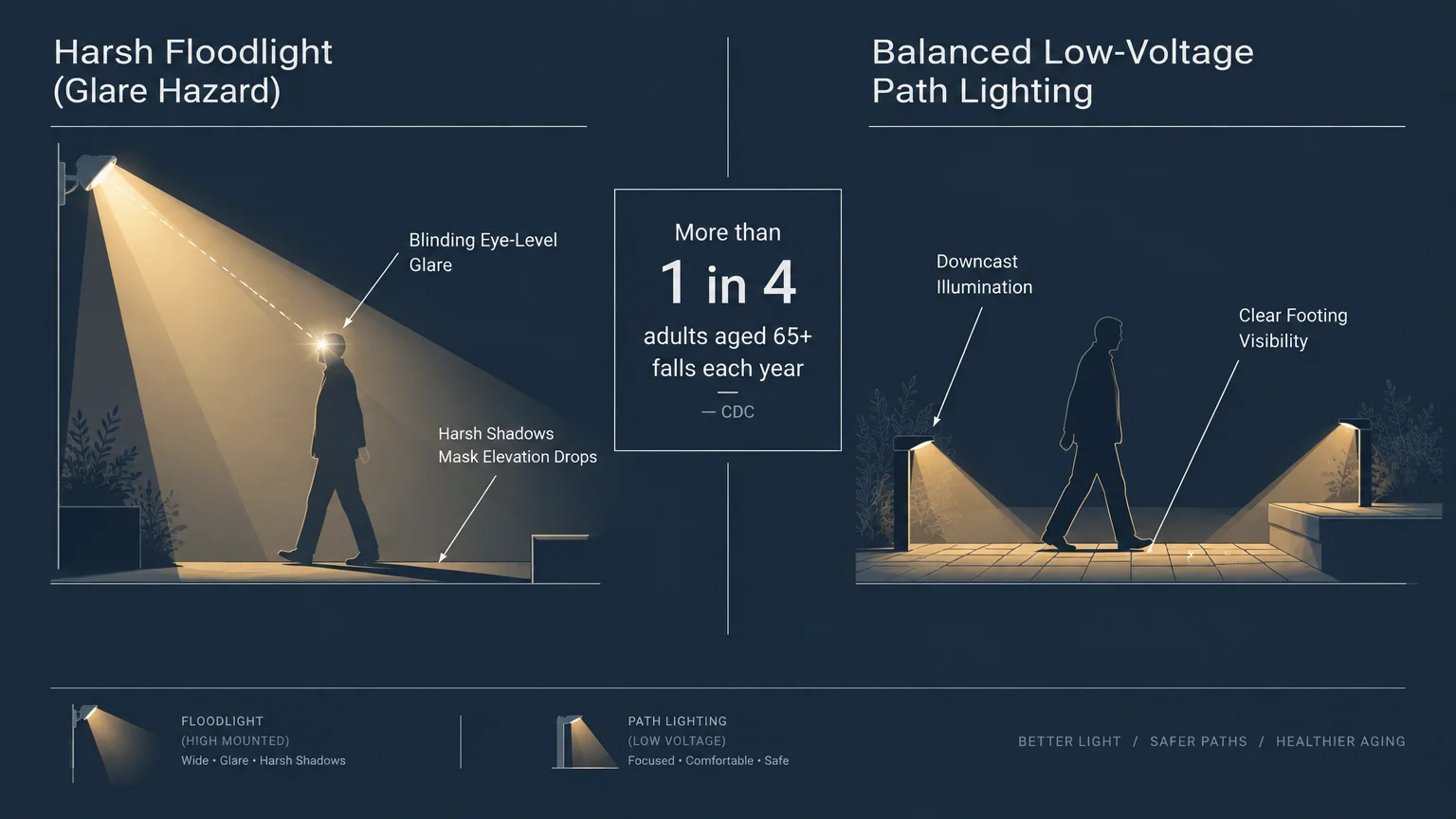 Diagram comparing high-mounted floodlight glare against balanced low-voltage downcast path lighting for nocturnal walkway safety.
