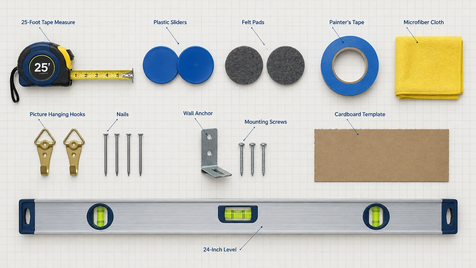 Flat lay diagram of tools including a 25-foot tape measure, sliders, painter's tape, hardware, and a 24-inch level.