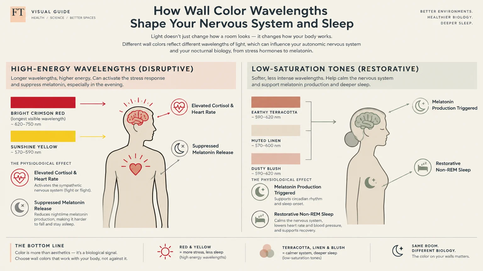 Infographic comparing physiological impacts of high-energy wall colors versus low-saturation tones on sleep hormones.