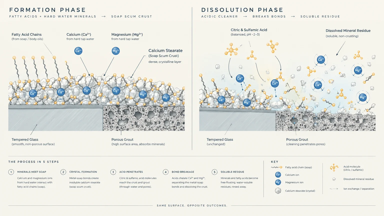 Diagram comparing soap scum crust formation on grout and glass to its dissolution by acidic cleaner.