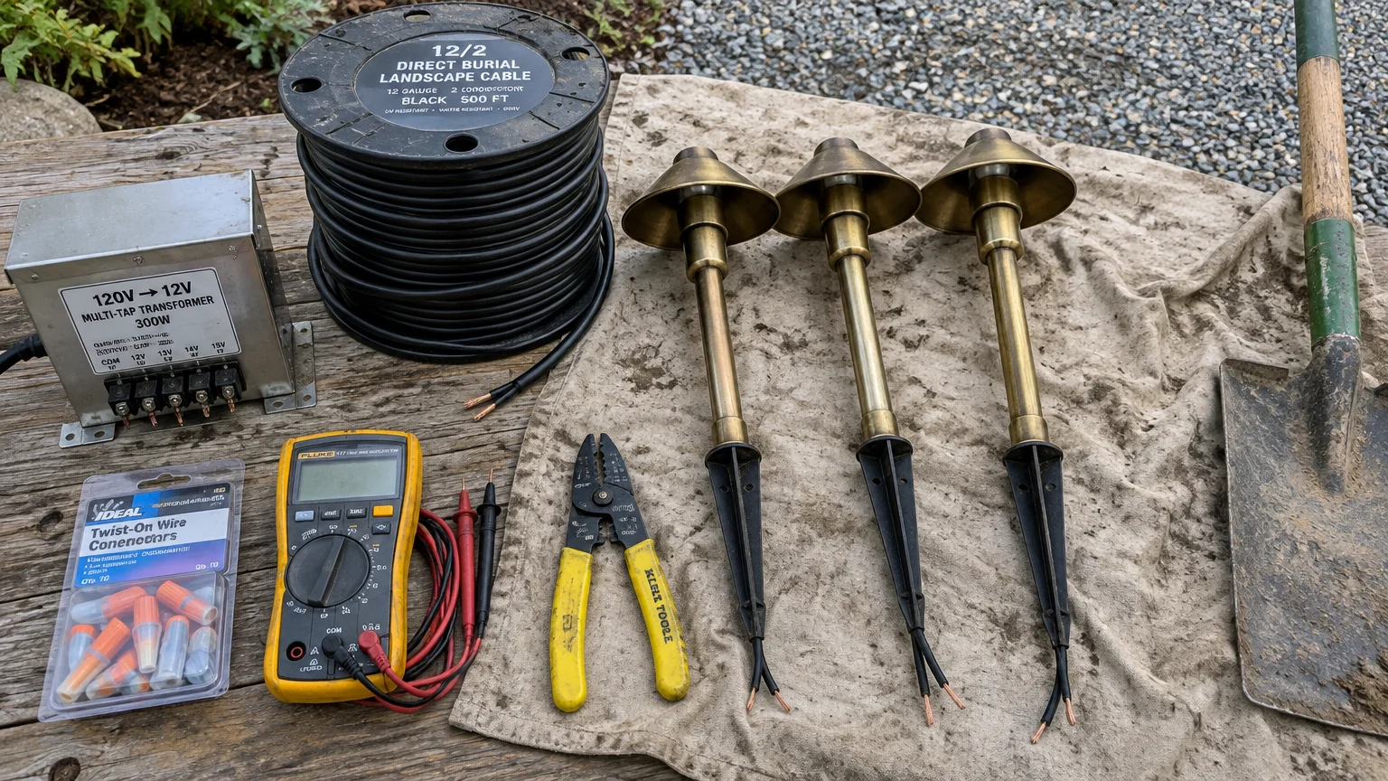 Low-voltage transformer, landscape wire spool, three brass path lights, wire stripper, multimeter, and shovel on wood.