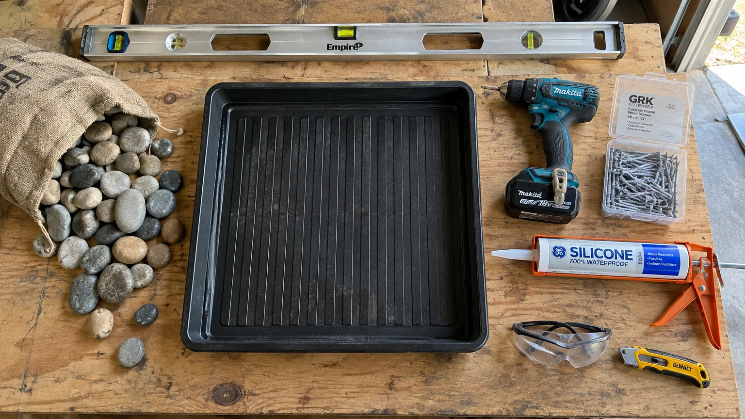 A black tray, sack of river stones, level, cordless drill, box of screws, caulking gun, safety goggles, and utility knife.
