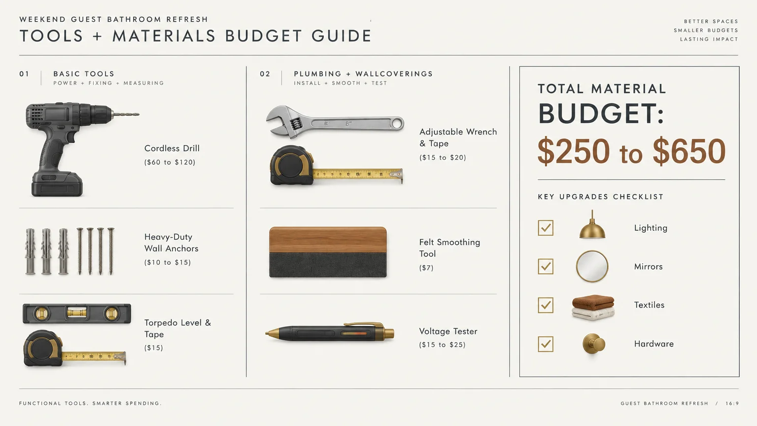 Budget guide graphic showing tools, hardware, and an estimated total material budget of $250 to $650 alongside a checklist.