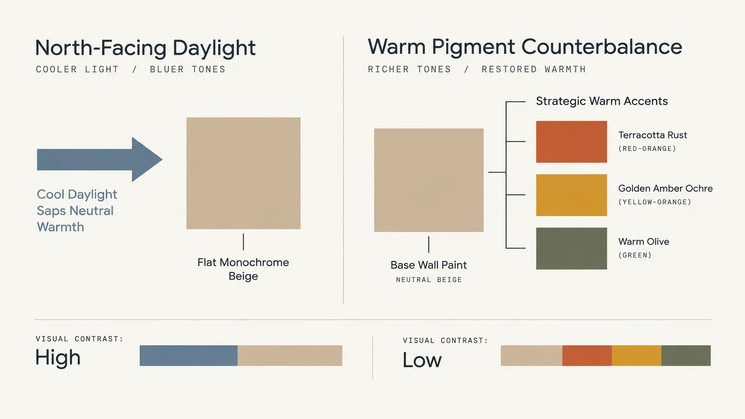 Diagram comparing north-facing daylight hitting flat monochrome beige against warm pigment accents paired with neutral beige.