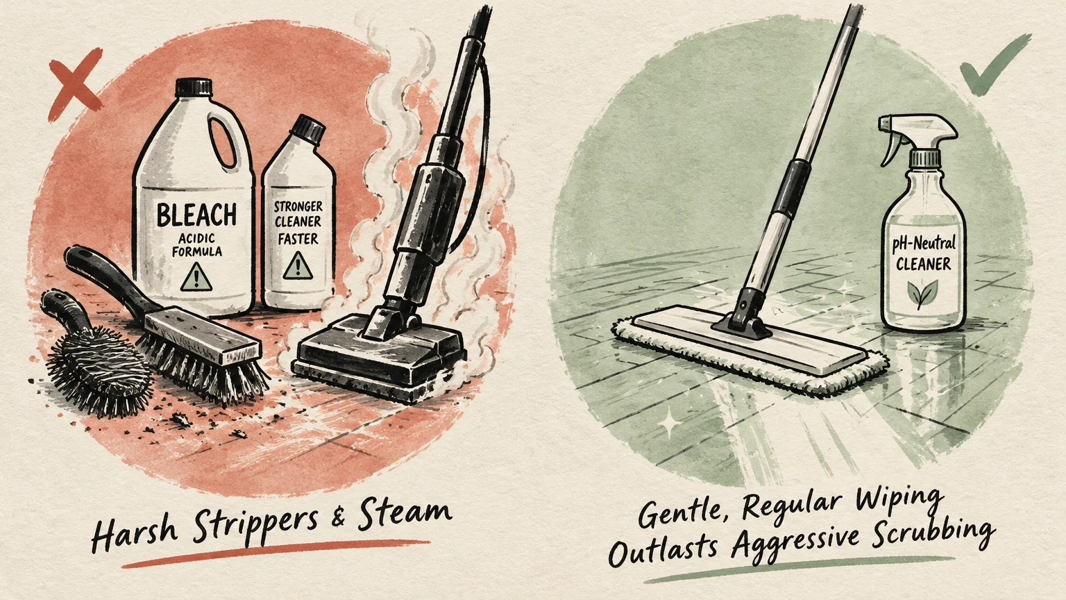 Harsh chemicals and scrubbers marked with a red X beside a microfiber flat mop and pH-neutral cleaner with a green checkmark.