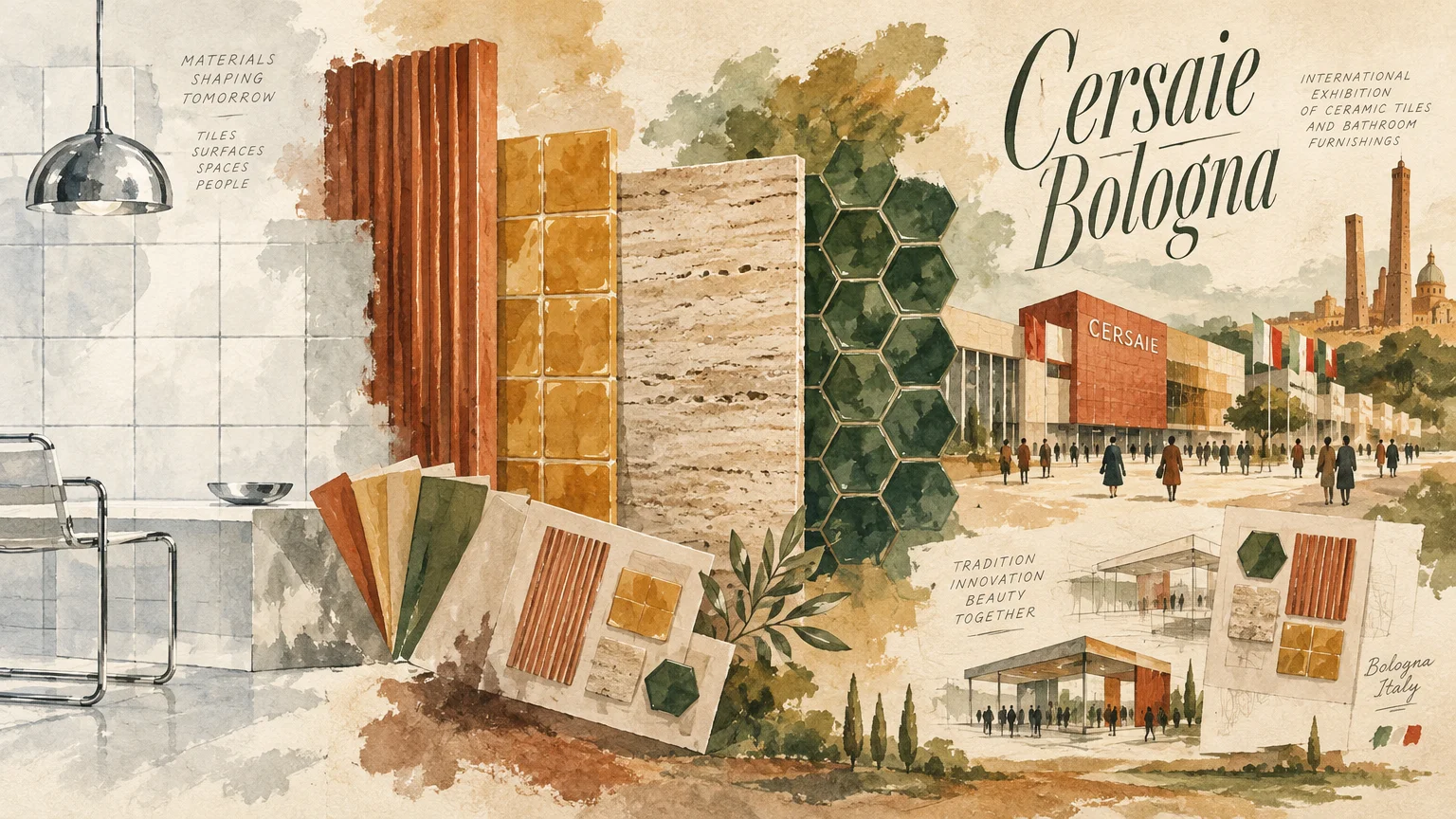 Gouache illustration of tile material samples alongside an exterior view of the Cersaie exhibition center in Bologna.
