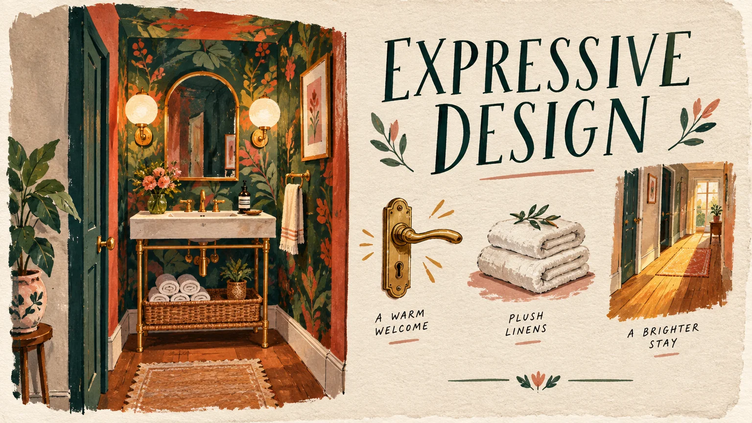 Illustration featuring an expressive powder room with floral wallpaper beside vignettes of a brass door handle and towels.