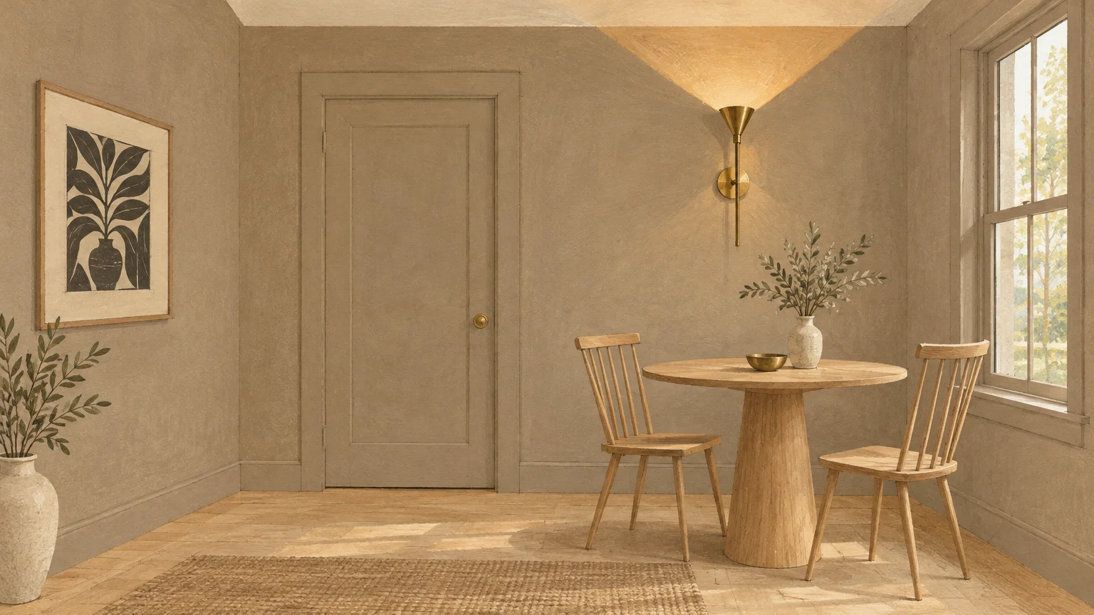 Gouache illustration of a muted beige room with matching door and trim, round dining table, two chairs, and wall sconce.