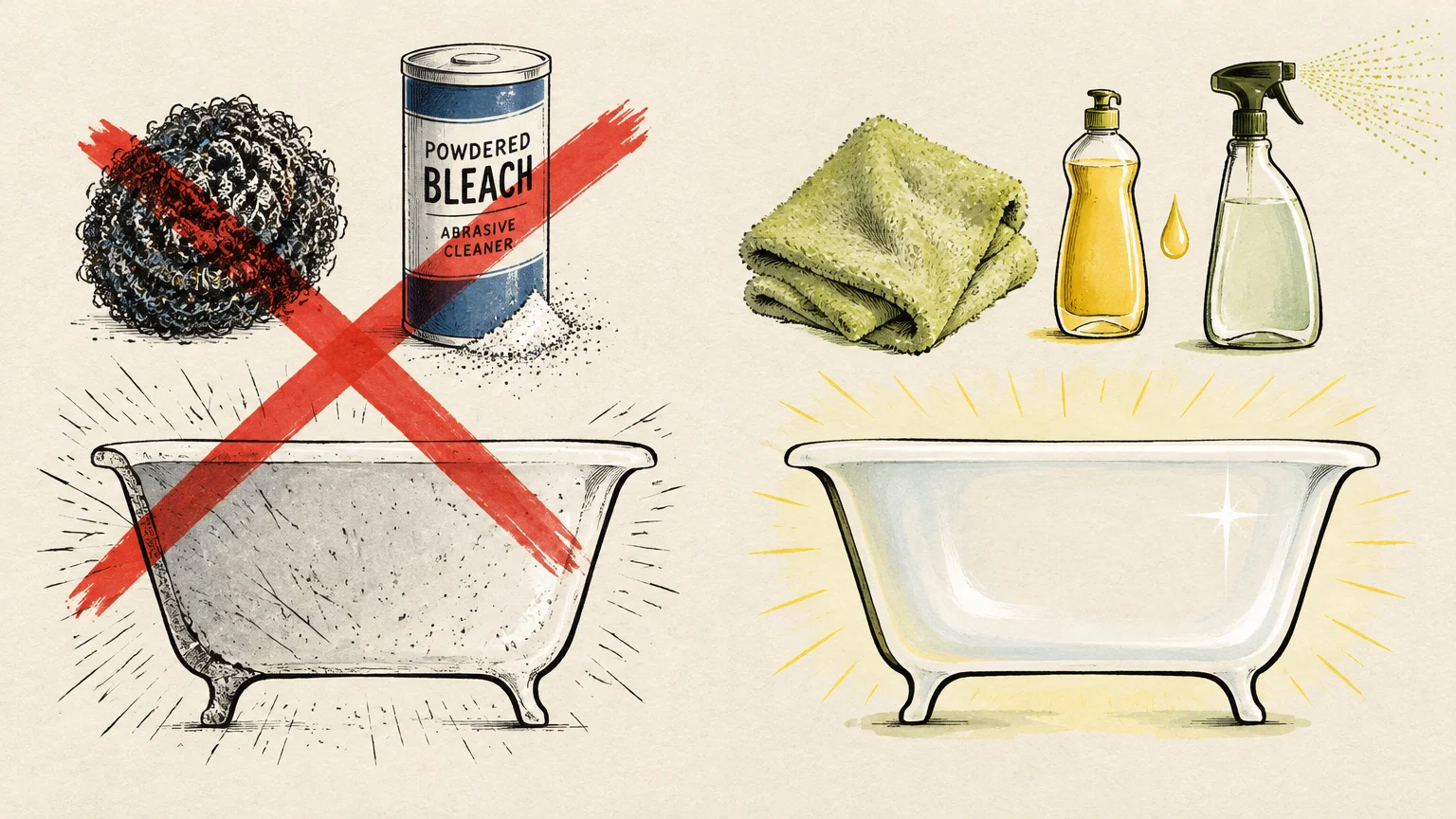 Illustration comparing a scratched tub with crossed-out abrasive cleaners to a gleaming white tub with gentle soap and cloth.