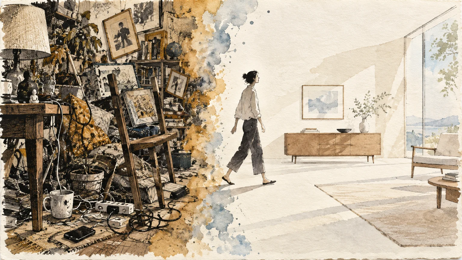 Split watercolor illustration of a woman walking from a dark, cluttered room into a bright, minimalist living space.
