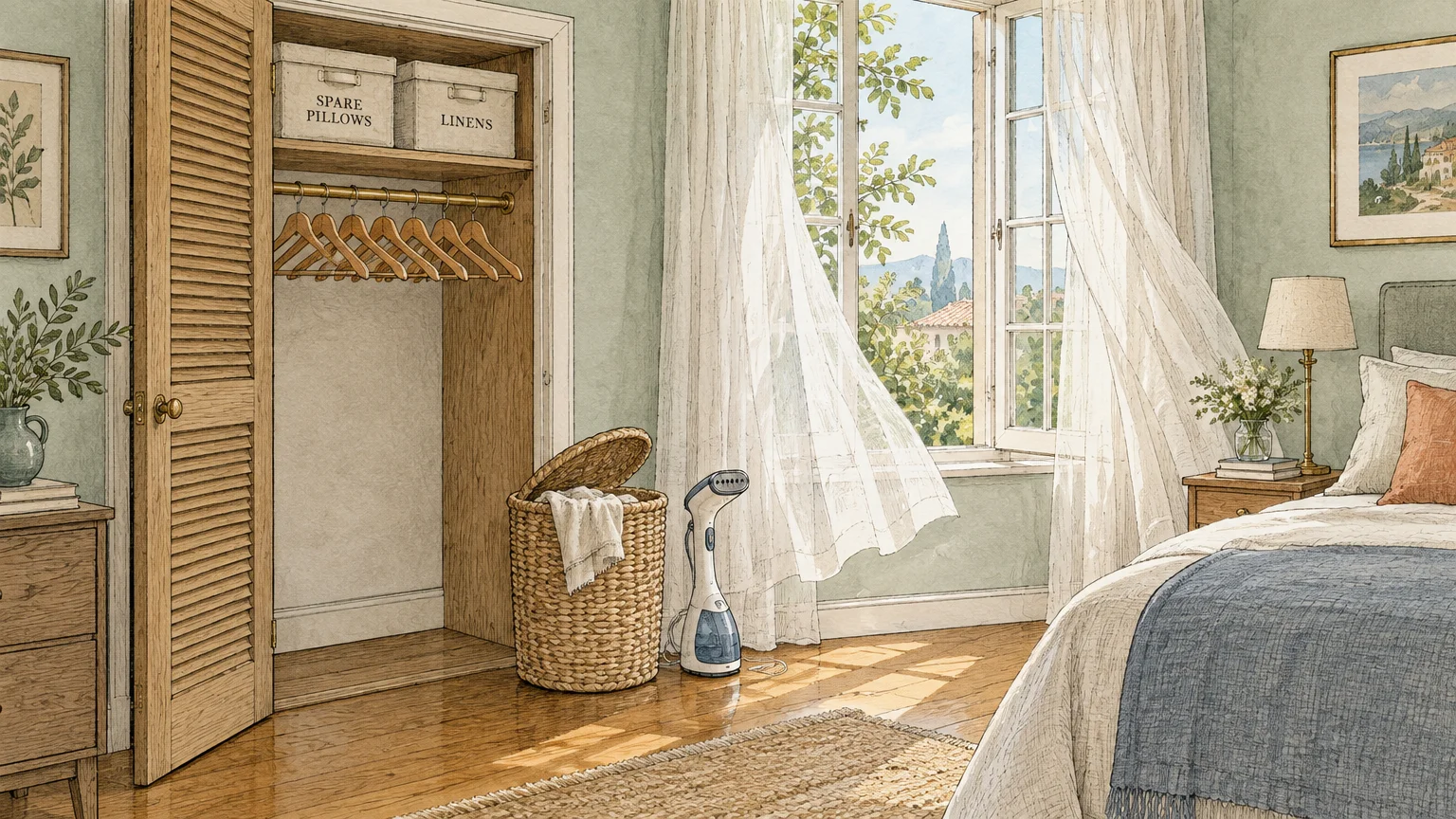 Illustration of a guest bedroom with an open closet, garment steamer, laundry basket, and breezy open window beside a bed.