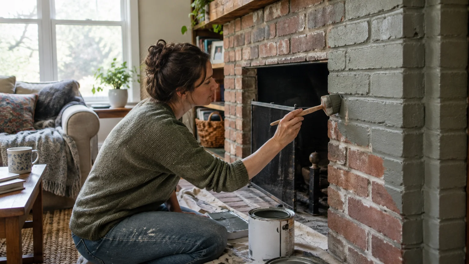 A woman kneeling on a drop cloth paints the brick surround of a living room fireplace with green paint using a brush.