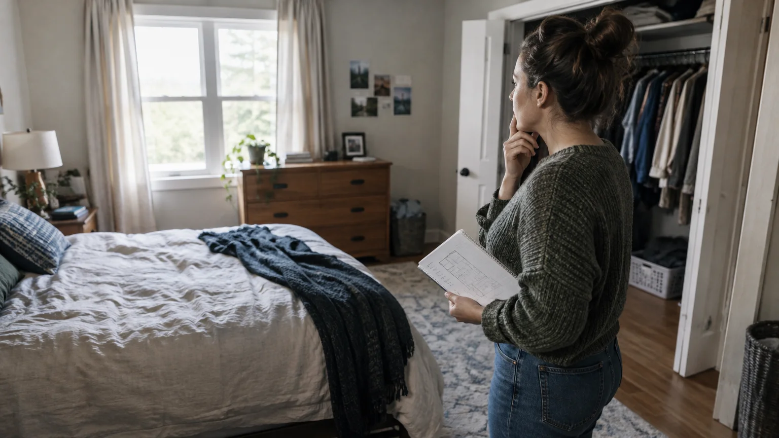 A woman holding a floor plan sketch looks pensively across a bedroom with an unmade bed, dresser, and open closet.
