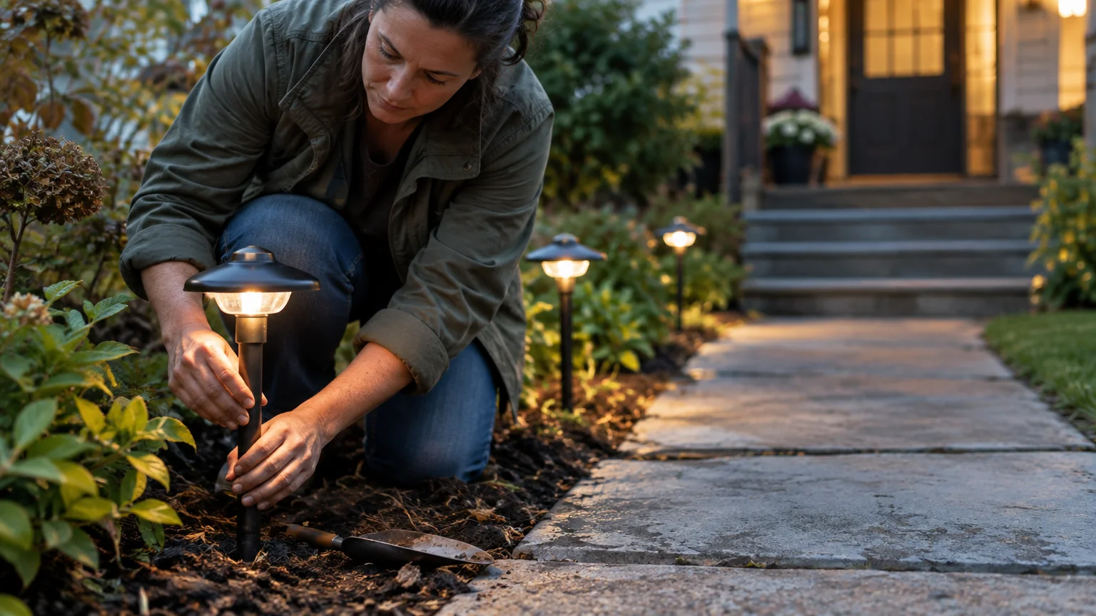A woman kneels along a stone walkway installing illuminated low-voltage landscape path lights in garden mulch.