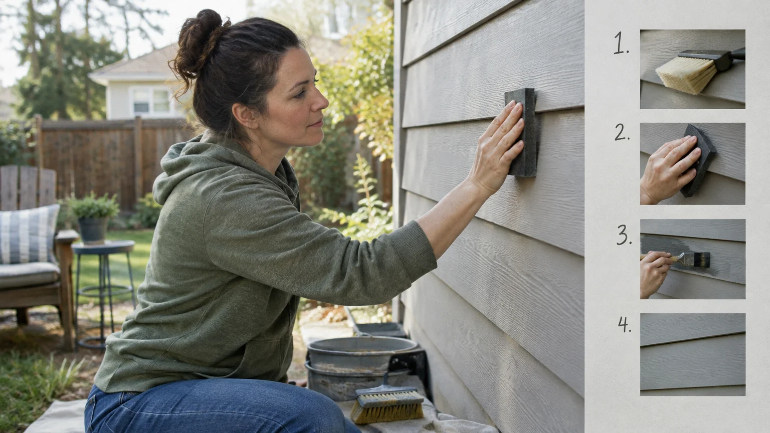 A woman cleans exterior lap siding with a sponge next to four numbered instructional photos showing maintenance steps.